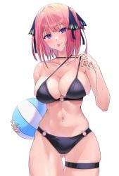 1girls :p bare_shoulders bikini bikini_top_lift black_bikini black_ribbon blue_eyes blunt_bangs blush bob_cut breasts butterfly_hair_ornament cleavage closed_mouth clothes_lift clothes_pull collarbone commentary_request female female_only gluteal_fold go-toubun_no_hanayome hair_ornament hair_ribbon highres holding large_breasts lifting_own_clothes looking_at_viewer midriff nakano_nino navel o-ring o-ring_bikini o-ring_bottom pink_hair ribbon sidelocks simple_background skindentation solo standing stomach string_bikini swimsuit teasing thigh_strap thighs tongue tongue_out two_side_up uyufuzi_s variant_set white_background