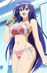 1girls ahoge bikini blue_hair breasts brown_eyes cleavage cropped_legs cross-halter cross_halter_bikini female front_view halter_bikini holding holding_object kurokami_medaka long_hair medaka_box microphone navel open_mouth screencap side-tie_panties standing swimsuit thighs watermark