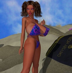 1girls 3d areola_slip bare_shoulders big_breasts bikini bikini_bottom bikini_top bimbo brown_hair busty cottonkidd curvy detailed_background erect_nipple erect_nipples eyelashes eyeshadow female female_only front_view grey_eyes hourglass_figure human kiki_correa lipstick long_hair makeup midriff nipple_bulge outdoor outside pose posing sand shadow shiny shiny_skin solo standing tan tan_skin tanline tanlines text tied_hair twintails underboob voluptuous wide_hips