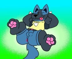 animal_genitalia anthro anus ass bodily_fluids femboy front_view fur gay gay_anal gay_masturbation gay_sex generation_4_pokemon genital_fluids genitals hi_res homosexual homosexual_male homosexual_masturbation lucario lying male male/male male_only male_penetrated miauyeah nintendo nude on_back outside pawpads paws penis penis_tip pokemon pokemon_(species) precum presenting raised_leg solo solo_male teasing teasing_viewer tongue tongue_out
