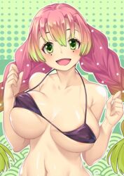 areola_slip areolae bikini black_bikini black_swimsuit blush braids breasts cleavage demon_slayer female gradient_hair green_background green_eyes green_hair hair_between_eyes kanroji_mitsuri kashi_kosugi kimetsu_no_yaiba large_breasts long_hair looking_at_viewer micro_bikini midriff mole mole_under_eye multicolored_hair navel open_mouth patterned_background pink_hair polka_dot polka_dot_background signature skindentation smile solo string_bikini swimsuit tied_hair twin_braids two-tone_hair upper_body