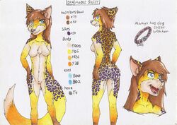 absurd_res anthro blue_eyes breasts brown_hair canid collar dia female fur hair hi_res hybrid kyler_lemons mammal model_sheet nude pussy smile solo spots thankfullorris white_body white_fur yellow_body yellow_fur