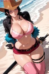 1girl ai_generated beach belt black_gloves black_hair blue_eyes bra breasts cleavage cowboy_hat earrings gloves hat hi_res high_quality high_resolution huge_breasts jewelry kiraamane long_hair looking_at_viewer mole navel nico_robin one_piece patreon pink_bikini seductive sexy shiny shiny_skin sitting skindentation skirt smile solo sword thigh_strap thighhighs uncensored underwear watermark weapon