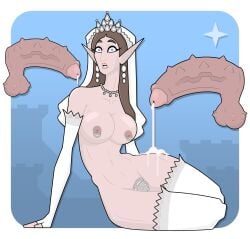 2d 2d_(artwork) big_breasts blue_eyes breasts brown_hair caged_cock caged_dick caged_futa chastity_cage chastity_device cum cum_on_ass debella earrings elf futanari jewelry large_penis leaking_cum leaking_precum long_gloves necklace pearl_necklace penis pierced_nipples real_person shocked_expression spiked_balls spiked_penis stockings thick_thighs thin_waist tiara trans_woman unseen_male veil veiny_penis white_clothing