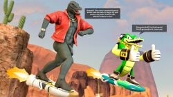 16:9 3d_(artwork) 4k absurd_res anthro bottomless bottomless_anthro bottomless_male clothed clothing desert dialogue digital_media_(artwork) duo epic_games exhibitionism extreme_gear feral flaccid fortnite genitals hi_res hoverboard humanoid male male_only meteorsmash nude parody penis public public_exposure public_nudity race sega sonic_(series) sonic_racing:_crossworlds sonic_riders sonic_the_hedgehog_(series) thunder_(fortnite) vector_the_crocodile widescreen