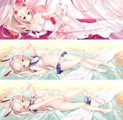 ayanami_(azur_lane) azur_lane bangs barefoot beach bed bed_sheet bikini bikini_around_one_leg bikini_lift blue_sailor_collar blush breasts canopy_bed choker cleavage collarbone curtains day dress dress_lift eyebrows_visible_through_hair female fingering flower garter_straps gloves hair_between_eyes hair_flower hair_ornament lifted_by_self long_hair looking_at_viewer lying masturbation medium_breasts on_back on_side outdoors parted_lips pillow ponytail red_eyes red_flower red_rose retrofit_(azur_lane) rose sailor_bikini sailor_collar silver_hair sleeveless sleeveless_dress smile summer-d_(dodojune) swimsuit thighhighs underboob variations very_long_hair wedding_dress white_bikini white_dress white_gloves white_legwear zettai_ryouiki