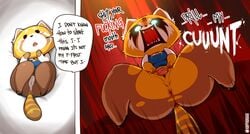 2018 2d 3_fingers aggressive_retsuko ailurid angry anthro anus ass before_and_after biped blush bottomless bottomwear breasts clitoris clothed clothing command dialogue english_text fangs female fingers footwear fur glowing glowing_eyes hi_res humor kappadoggo leggings legwear long_sleeve looking_at_viewer looking_up lying mammal multicolored_body multicolored_fur office_lady on_back open_mouth orange_body orange_fur partially_clothed presenting presenting_pussy profanity pussy red_panda retsuko sanrio shoes shortstack simple_background smooth_skin solo speech_bubble spread_legs spread_pussy spreading teeth text thick_thighs tongue topwear torn_bottomwear torn_clothes uniform vest white_body white_fur worried yelling