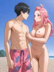 1boy 1boy1girl 1girls ai_generated beach big_breasts black_hair blush breasts casual casual_nudity clothed clothed/nude clothed_male clothed_male_nude_female completely_naked completely_naked_female completely_nude completely_nude_female couple cute etra-chan_saw! female fit fit_female hand_behind_back kuroki_(etra-chan_saw!) looking_at_another male male/female muscular muscular_male naked naked_female necklace nipples nude nude_edit nude_female nude_filter perfect_body pink_hair pubic_hair pussy red_eyes sand smile smiling smiling_at_another swimming_trunks swimsuit swimwear teeth_showing vagina water wholesome wholesome_nudity youtube yuri_(etra-chan_saw!)