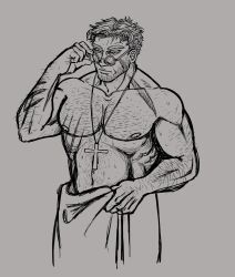 alexander_anderson almost_naked cross glasses hairy hellsing hellsing_ultimate human_art human_artist male male_nipples male_only masculine mature_male muscular muscular_male nipples no_ai no_visible_genitalia one_male priest_(lore) regent_dragon regent_dragon_(artist) scars solo solo_male towel towel_around_waist towel_only wet
