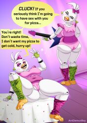 absurd_res animatronic anthro artidemonboy ass avian avian_feet beak beakstick big_breasts big_butt bird bracelet breasts camel_toe chicken clothing dialogue ear_piercing english_text eyelashes eyeshadow facial_markings feathers female five_nights_at_freddy's five_nights_at_freddy's:_security_breach front_view furgonomics furniture galliform gesture glamrock_chica green_clothing green_legwear guitar hand_gesture head_feathers head_markings head_tuft hi_res holding_guitar holding_musical_instrument holding_object inviting_to_sex jewelry legwear leotard lipstick looking_at_viewer looking_back looking_back_at_viewer lying machine makeup markings musical_instrument navel_outline on_back on_table one_eye_closed open_mouth open_smile pattern_clothing pattern_legwear phasianid piercing pink_bow pink_clothing pink_eyes pink_eyeshadow pink_legwear pink_leotard pink_lipstick plucked_string_instrument rear_view robot scottgames sharp_teeth shoulder_pads slightly_chubby smile solo speech_bubble steel_wool_studios string_instrument studded_bracelet studded_jewelry studs table teeth text thick_thighs tuft v_sign white_body white_feathers wide_hips wink winking_at_viewer