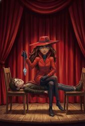 2girls ai_generated black_hair brown_hair carmen_sandiego carmen_sandiego_(2019) carmen_sandiego_(franchise) catalepsy chairs closed_eyes clothing crossed_legs crystal dominant_female domination feet_on_chair female female_focus female_only femdom femsub glasses hat holding_object holding_pendulum human_furniture hypnosis hypnotic_accessory julia_argent julia_argent_(carmen_sandiego) long_hair looking_at_viewer pendulum red_hat safe safe_for_work seductive seductive_look seductive_pose seductive_smile shoes short_hair sitting sitting_on_another sitting_on_person stage stage_curtains stage_hypnosis stage_show zupern0va_(manipper)