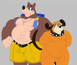 2019 anthro backpack balls banjo-kazooie banjo_(banjo-kazooie) barazoku blue_eyes brown_body canid canine clothed clothing collar collar_only duck_hunt duck_hunt_dog duo male male_only mammal mc_morrales muscular muscular_male nintendo nipples nude orange_body penis rareware smile super_smash_bros. topless video_games