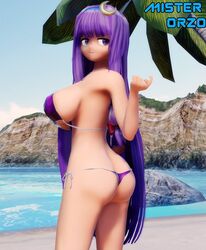 artist_name beach bedroom_eyes bikini crescent_moon curvy female female_only hair_ornament hair_ribbon inviting long_hair misterorzo mmd ocean palm_tree patchouli_knowledge purple_eyes purple_hair smile touhou voluptuous