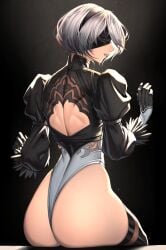 ass back_cutout black_background black_gloves black_hairband black_thighhighs blindfold clothing_cutout commentary curvy facing_to_the_side feather-trimmed_sleeves female female_only from_behind gloves grey_hair hairband hands_up highleg highleg_leotard highres huge_ass juliet_sleeves leotard long_sleeves nier:_automata nier_(series) parted_lips profile puffy_sleeves shiny_skin short_hair sitting sleeved_leotard solo temoc thighhighs thong_leotard white_leotard wide_hips yorha_2b