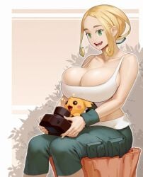 1girls big_breasts border breasts bush camera capri_pants cleavage female female_only gen_2_pokemon green_eyes green_pants holding holding_camera huge_breasts large_breasts materclaws nintendo open_mouth pants parted_bangs pichu pokemon pokemon_xy short_hair sidelocks sitting tank_top tree_stump viola_(pokemon) white_border white_tank_top wristband