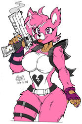 1girls akatsukishiranui-fox animal_ears big_ass big_breasts breasts cuddle_team_leader female female_only fingerless_gloves fortnite furry gun heart-shaped_pupils pink_fur pink_nails purple_eyes signature solo thick_thighs tongue tongue_out white_background zhengfox