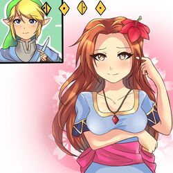 breast_hold breasts clothed command_melody female hyrule_warriors link link's_awakening link_(hyrule_warriors) male marin mind_control possession red_hair shy the_legend_of_zelda