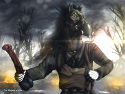 5_fingers ammo_pouch animal_dildo animal_sex_toy anthro bad_dragon belt blue_eyes bottomwear brown_body brown_fur clothed clothing day dead_tree dildo equid equine equine_dildo fingers fire fur gas_mask holding_object holding_weapon horse jacket male mammal mask medial_ring multicolored_body multicolored_fur outside pants plant sex_toy smexyoryx smoke solo topwear tree utility_belt weapon world_war_1