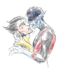 16catlogurt 2boys after_kiss beard_stubble black_hair blue_skin blush facial_hair gay heavy_breathing human humanoid james_howlett kurt_wagner logan_(x-men) male male/male male_only manly marvel mature_male mutton_chops nightcrawler pointy_ears saliva saliva_string saliva_trail sideburns suggestive wolverine_(x-men) x-men yaoi yellow_eyes