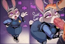 1boy 1boy1girl 1girls big_balls big_penis blowjob blowjob_gesture bunny_ears bunny_girl bunny_tail cop cop_uniform deepthroat english_text furanh furry handcuffs head_grab huge_cock interrogation judy_hopps pinup police_uniform policewoman purple_eyes saliva_drip saliva_string saliva_trail sweat sweatdrop tagme thick_thighs tiger veiny_penis wide_hips zootopia