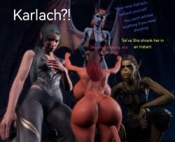 baldur's_gate_3 black_hair blue-skinned_female blue_skin cambion devil dialogue githyanki githyanki_female green-skinned_female green_skin half-elf karlach lae'zel mizora red-skinned_female red_skin redhead redhead_female shadowheart shadowheart_(baldur's_gate) size_transformation tiefling tiefling_girl