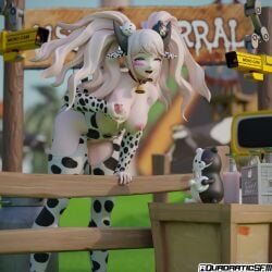 3d bell_collar big_breasts blonde_hair breast_grab breast_squeeze camera cow_horns cow_print cowprint cowprint_thighhighs danganronpa danganronpa_2:_goodbye_despair farm female horns hucow junko_enoshima lactating lactation leaning leaning_on_fence milk monokuma quadraticsfm sleeves tagme