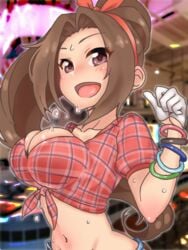 ass bangle bangles bangs belly_button beltskirt blush bow breasts brown_eyes brown_hair busty cleavage collarbone crop_top denim denim_skirt female hair_intakes hips idolmaster idolmaster_cinderella_girls idolmaster_cinderella_girls_starlight_stage jean_skirt kurushima_gire large_breasts long_hair long_ponytail nagisa_aino plaid plaid_shirt ponytail red_bow smiling sweat