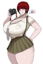 alternate_breast_size asking_for_it asking_for_sex camera cleavage danganronpa danganronpa_2:_goodbye_despair emmarrgus female female_only freckles holding_camera huge_ass huge_breasts huge_thighs imminent_sex koizumi_mahiru large_breasts licking_lips looking_at_viewer necktie red_hair requesting seductive_look smirk suspenders thick_thighs voluptuous_female