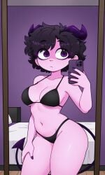 ai_generated bedroom_background bikini demon_girl demon_horns demon_tail jellybean jellybean_(mcyt) jellybean_(youtube) jellybean_(youtuber) looking_away mcyt minecraft minecraft_youtubers mirror purple_eyes purple_hair purple_skin selfie taking_picture twitch twitch.tv twitch_streamer twitter twitter_username youtube youtuber youtubers