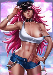 1futa abs areolae ball_bulge balls balls_under_clothes bangle bracelet breasts capcom chains curvy daisy_dukes dandon_fuga dark-skinned_futanari dickgirl erect_nipples erect_penis erection exposed_breast exposed_nipple exposed_penis final_fight futa_only futanari handcuffs hat intersex large_breasts muscular_futanari neck_collar nipples no_pants oiled peaked_cap penis penis_out pink_hair poison_(final_fight) realistic short_pants solo_futa street_fighter studded_collar tank_top tanned thick_thighs wide_hips