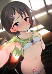 allez0525 armpits black_eyes black_hair blush bra bra_lift breasts brown_eyes bunny_hair_ornament censored chair classroom clothing desk female green_shirt hair_ornament hairclip hand_on_own_chest heart heart_censor idolmaster idolmaster_cinderella_girls idolmaster_cinderella_girls_starlight_stage indoors lifted_by_self looking_at_viewer medium_breasts navel nose_blush panties panty_pull sasaki_chie school_chair school_desk self_shot shirt shirt_lift short_hair short_sleeves solo stomach underwear