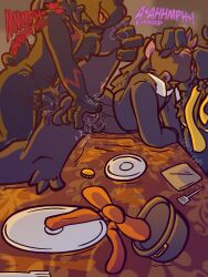 3:4 anal anal_sex anthro bottomless bow_tie breath brother_(lore) brothers_(lore) cain_(judasthesinner) clothed clothing coin cutlery dialogue dinner dirty_talk dishes femboy femboy/femboy feminine fork from_behind_position furniture genitals gold_(metal) gold_coin grin group hi_res holidays incest_(lore) judas_(judasthesinner) judasthesinner kissing kissing_while_penetrated kitchen_utensils lagomorph leporid male male/male mammal masturbation messy_sex moan napkin nipples on_table panting penetration penis rabbit raised_leg sex shaky_legs sibling_(lore) simple_background smile spread_legs spreading table talking_to_another thanksgiving throbbing throbbing_penis tools topwear topwear_only trio white_nipples