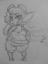 2015 clothed english_text female from_behind goggles_on_head kentayuki league_of_legends looking_at_viewer looking_back_at_viewer pointy_ears shortstack sketch talking_to_viewer teasing_viewer text tristana yordle