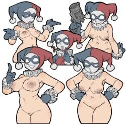 1girls ? amlogamer areolae boobs breasts casual dc dc_comics domino_mask female firearm gloves gun handgun handwear harley_quinn harley_quinn_(classic) headwear human jester jester_hat nipples nude pale_skin pussy revolver simple_background smile smiling white_skin