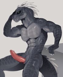 2019 abs absurd_res animal_genitalia anthro biceps claws dinosaur elaismurnhem erection feathers flexing genital_slit green_eyes grey_body grey_scales hand_on_head hi_res looking_at_viewer male male_only maunderfiend muscular muscular_male pecs pose reptile scales scalie slit solo standing theropod tyrannosaurid tyrannosaurus tyrannosaurus_rex white_body white_feathers