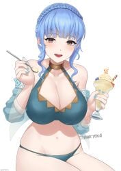 1girls :d absurdres bare_arms bare_shoulders bikini blue_bikini blue_hair braid breasts brown_eyes cleavage collarbone commentary commission crown_braid english_commentary female female_only fire_emblem fire_emblem:_three_houses fire_emblem_heroes food gototo_touma highres holding holding_food holding_ice_cream holding_spoon ice_cream large_breasts looking_at_viewer marianne_von_edmund marianne_von_edmund_(summer) navel nintendo official_alternate_costume open_mouth simple_background skindentation smile solo spoon stomach swimsuit thick_thighs thighs white_background
