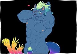 abs clawlion flaccid green_hair hair heart hyaenid male male_only mammal multi_tail muscular muscular_male nipples nude nyarlathotep_(tokyo_afterschool_summoners) pecs penis pubes tokyo_afterschool_summoners video_games