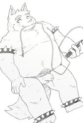 2019 anthro balls belly blush canid canine chocobibear humanoid_hands humanoid_penis male male_only mammal moobs navel nipples overweight overweight_male penis simple_background solo