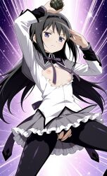 1girls action_pose ai_generated akemi_homura black_hair censored_pussy female fighting flat_chest grenade half_naked japanese_female kuudere long_hair magical_girl mahou_shoujo_madoka_magica nipples partially_clothed partially_clothed_female partially_visible_vulva pink_nipples puella_magi_madoka_magica purple_background purple_eyes small_breasts stern_expression torn_clothes torn_clothing