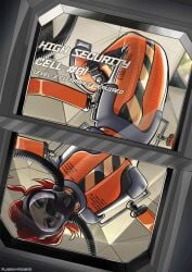 angry angry_face animated ashley_(plasma-dragon) barcode barcode_print blue_eyes bondage breathing_tube captured female female_focus female_only frustrated gas_mask handlebars handles handles_on_hips helpless helpless_female high_quality horny_jail imprisoned in_orbit live2d muzzled orange_clothing orange_straitjacket orange_stripes padded_cell padded_room plasma-dragon prison prison_cell prison_uniform prisoner red_hair respirator restrained rubber_suit sensory_deprivation space space_station spacecraft spaceship straitjacket strapped struggling testing_facility text text_on_clothing wiggle