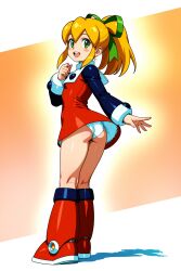 1girls ai_generated ass ass_focus black_sleeves blonde_hair dress green_bow hairbow knee_boots long_hair mega_man panties ponytail red_boots red_dress robot_girl roll solo tagme