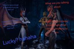 baldur's_gate_3 black_hair blue-skinned_female blue_skin cambion devil dialogue githyanki githyanki_female green-skinned_female green_skin half-elf karlach lae'zel mizora red-skinned_female red_skin redhead redhead_female shadowheart shadowheart_(baldur's_gate) tiefling tiefling_girl