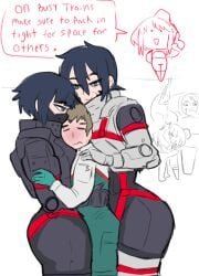 1boy 2girls 2girls1boy android armor armored_female ass blue_eyes blue_hair blush dark_hair dominant_female eule_(signalis) hiltonhanoi hugging hugging_from_behind japversus larger_female multiple_girls mynah_(signalis) not_porn pressed_against signalis star_(signalis) storch_(signalis) taller_female thighs wholesome