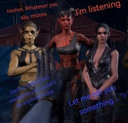 baldur's_gate_3 black_hair blue-skinned_female blue_skin cambion devil dialogue githyanki githyanki_female green-skinned_female green_skin half-elf karlach lae'zel mizora red-skinned_female red_skin redhead redhead_female shadowheart shadowheart_(baldur's_gate) tiefling tiefling_girl
