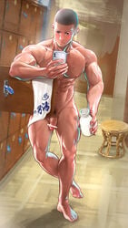 1boy abs artisticjinsky bar_censor bara bare_pecs barefoot blush bottle censored commentary_request erect_nipples highres holding holding_bottle locker locker_room looking_at_phone male male_focus male_only male_pubic_hair milk muscular muscular_male navel nude original pectorals penis phone pointless_censoring pubic_hair short_hair stool testicles towel walking wet white_towel