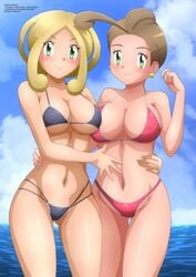 2girls abs ahoge alexa_(pokemon) alternate_breast_size alternate_outfit belly big_breasts bikini cleavage clothed eye_contact green_eyes half-closed_eyes huge_breasts human human_only looking_at_viewer navel nintendo outdoors pokemon pokemon_xy sisters text thick_thighs thigh_gap thin_waist underboob viola_(pokemon) watermark wide_hips zel-sama