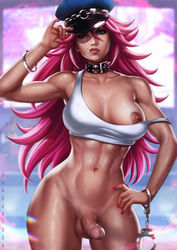 1futa abs areolae balls bangle bottomless bracelet breasts capcom chains curvy daisy_dukes dandon_fuga dark-skinned_futanari dickgirl erect_nipples erect_penis erection exposed_breast exposed_nipple final_fight futa_only futanari handcuffs hat intersex large_breasts muscular_futanari neck_collar nipples no_pants oiled peaked_cap penis pink_hair poison_(final_fight) realistic short_pants solo_futa street_fighter studded_collar tank_top tanned thick_thighs wide_hips