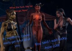 baldur's_gate_3 black_hair blue-skinned_female blue_skin cambion devil dialogue githyanki githyanki_female green-skinned_female green_skin half-elf karlach lae'zel mizora red-skinned_female red_skin shadowheart shadowheart_(baldur's_gate) tiefling tiefling_girl