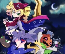 1girls :< adversarial_noise ass basket blonde-haired_female blonde_hair blush digimon digimon_(species) digimon_liberator gotsumon halloween heart-shaped_pupils impmon kicking large_breasts looking_back multiple_boys panties phantomon phantomon_(cosplay) pumpkin pumpkinmon scythe sideboob signature supermondobeat violet_inboots