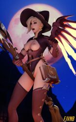 3d areolae belt book breasts broom chestless clothing female fjvnb footwear handwear headgear human masturbation mercy outerwear overwatch pussy solo witch_mercy